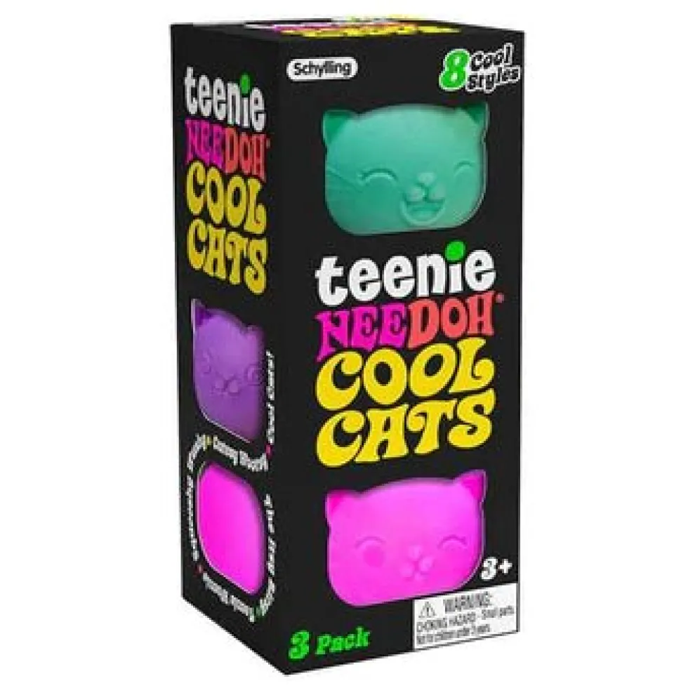 Nee Doh Teenie Cool Cats 1.5 Inch Squish Ball Fidget Toy - Set of 3 - Owl & Goose Gifts