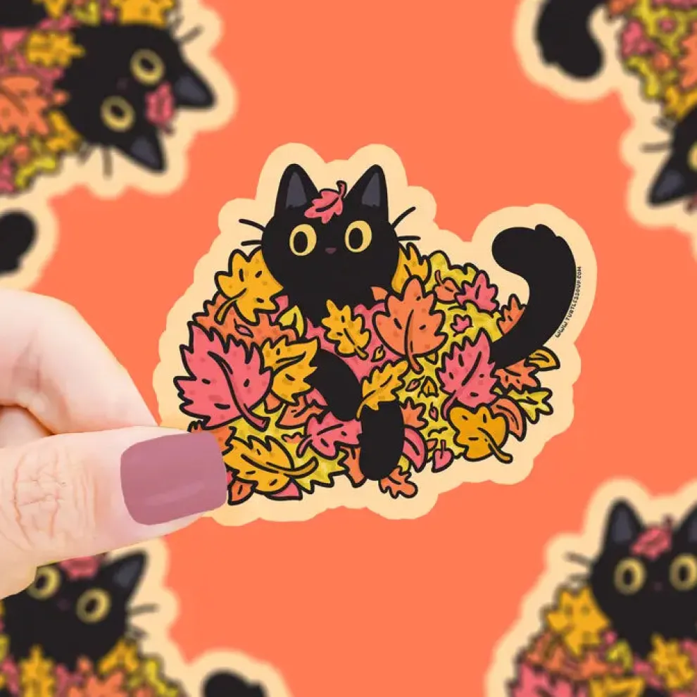 Turtle's Soup Autumn Leaves Black Cat Vinyl Sticker