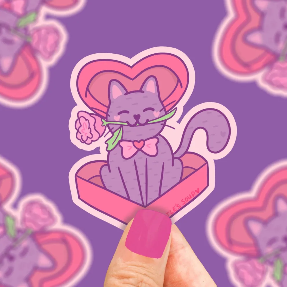 Turtle's Soup Chocolate Rose Kitty Valentine Vinyl Sticker - Owl & Goose Gifts