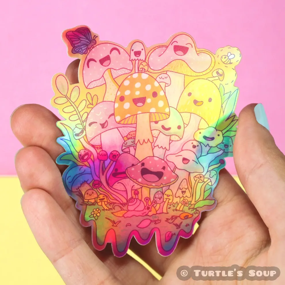Turtle's Soup Happy Mushroom Holographic Vinyl Sticker - Owl & Goose Gifts